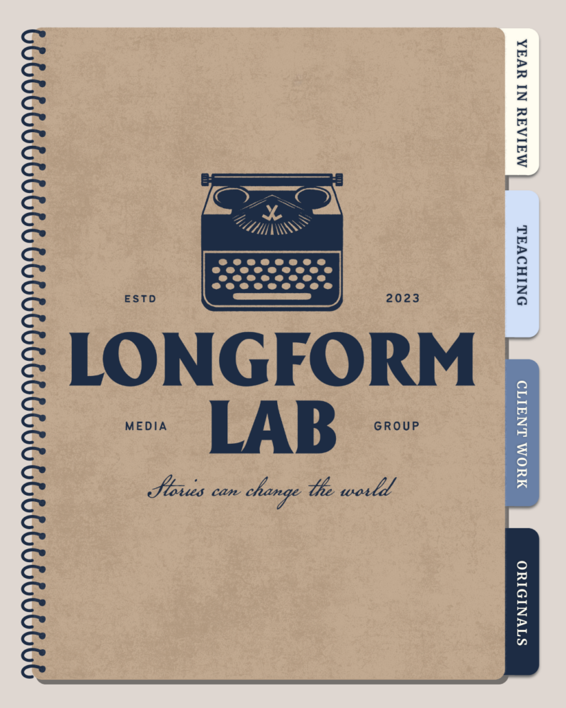 Cover of a notebook with the Longform Lab logo on it.