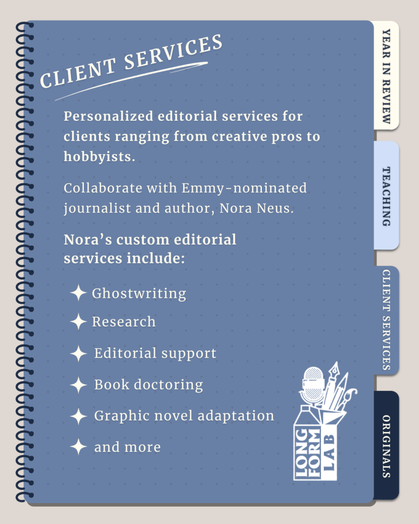 Third page of the notebook with a shortened description of Longform Lab's client services, also written in the blog post below.